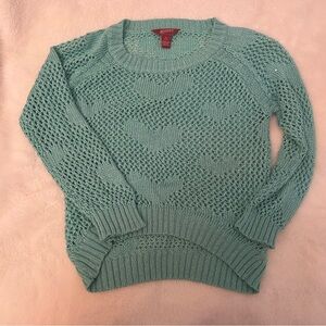 Size 14/16 Teal Shimmery Sweater w/ Hearts B3
